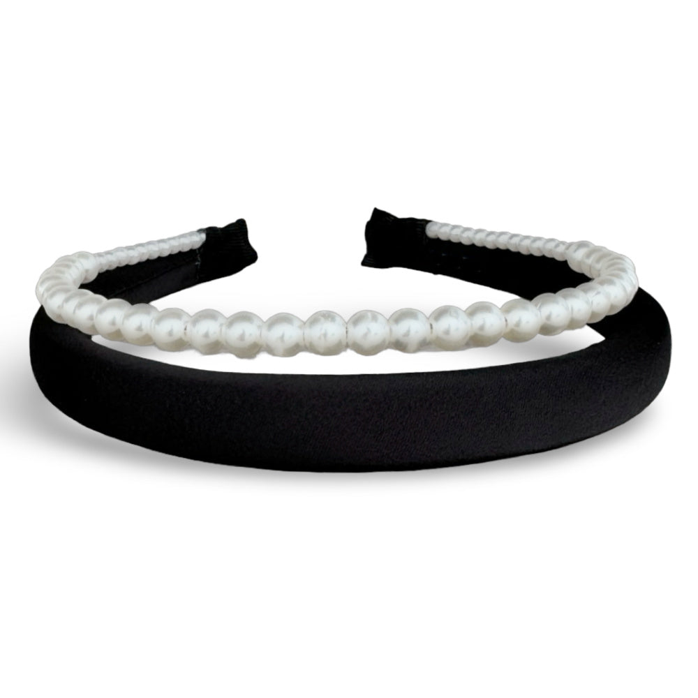 Classic Double Headband Set - Black and Pearl