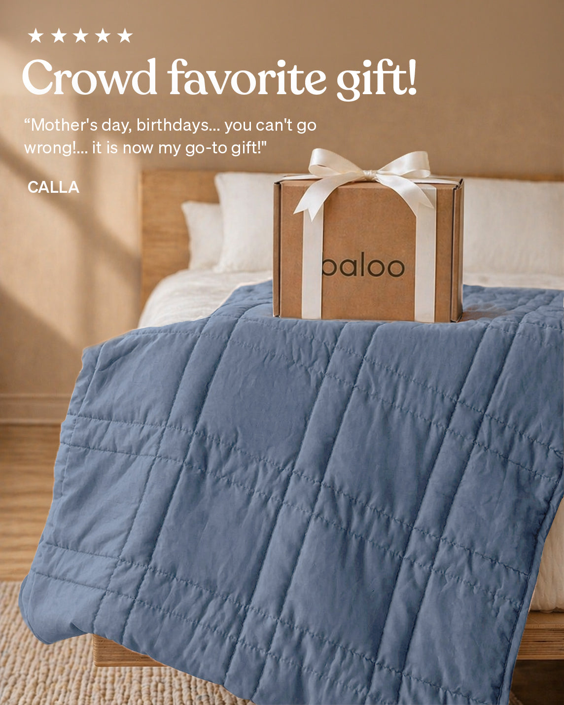 Baloo product with blue blanket on a bed, featuring positive customer feedback. 
[47867971928283, 47867972092123, 47867972190427, 47867972288731, 47868867838171, 47868894413019, 47868894445787, 47868894478555, 47868894511323, 47868895461595, 47868895494363, 47868895527131, 47880476557531, 47880476721371, 47880476819675, 47880476917979, 48114609914075, 48114590810331]