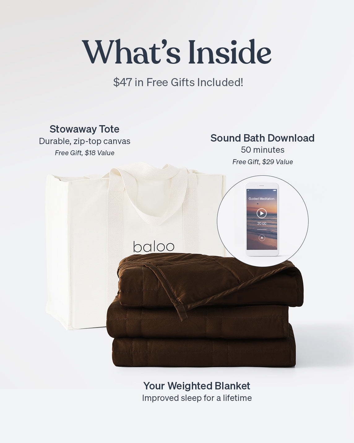 Cocoa weighted blanket with a Stowaway Tote and Sound Bath Download on a white background [47867972026587, 47868894806235, 47868894839003, 47868894871771, 47868894904539, 47868895756507, 47868895789275, 47868895822043, 47879290421467, 47880476655835]