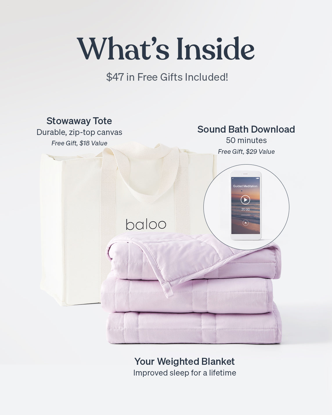 lavender weighted blanket folded on  with a stowaway tote in a white background [47867972059355, 47880476688603]