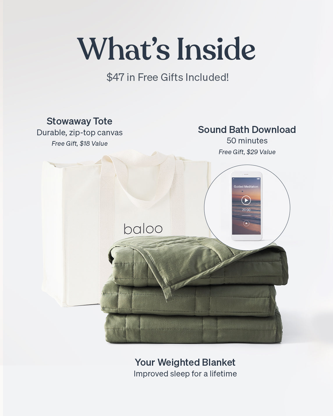 Weighted blanket with stowaway tote and sound bath download on a white background [47867971961051, 47867972124891, 47867972223195, 47867972321499, 47880476590299, 47880476754139, 47880476852443, 47880476950747, 48114609160411, 48114590843099, 48510601265371]