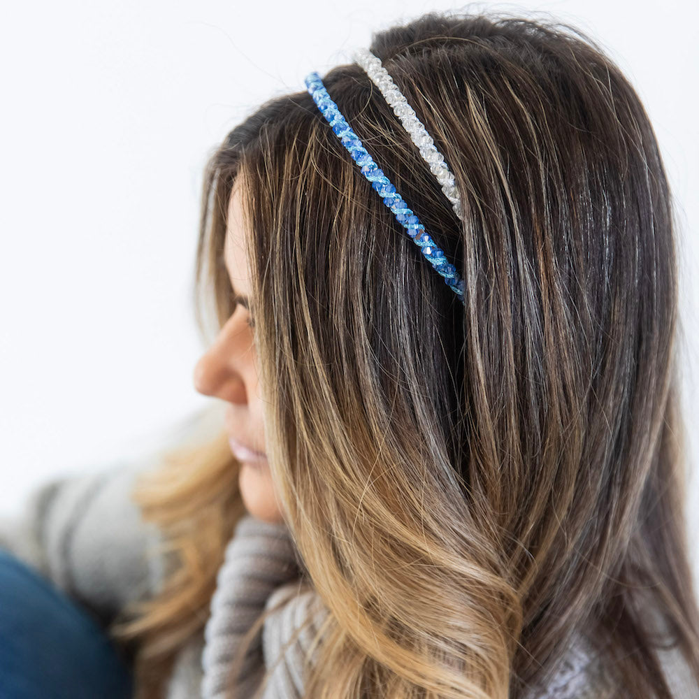 Thin Beaded Headband Set - Blue + Silver {{variant_option_1}} {{variant_option_2}}