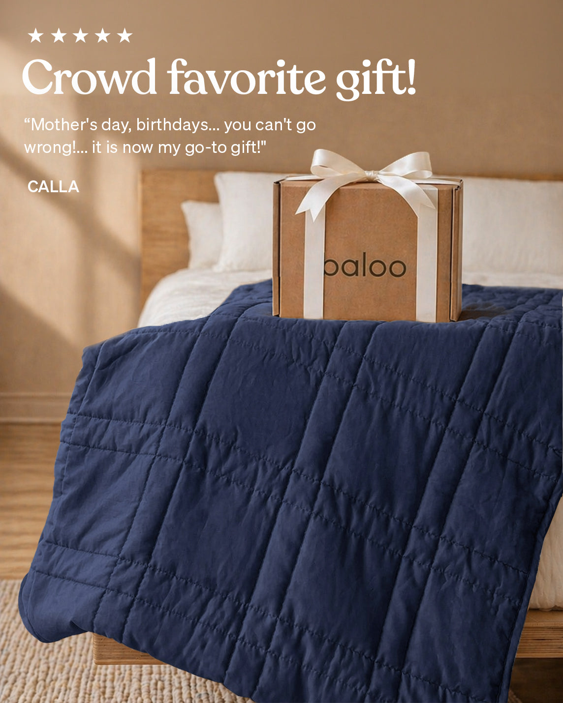 Baloo gift box on a bed with a blue comforter, surrounded by positive text about it being a crowd favorite gift. [43649942782171, 45574417875163, 44422804340955, 45574418137307, 44422811287771, 46452818510043, 44422816432347, 46452819067099, 47185819762907, 47185819992283, 47185820025051, 47185820123355, 46301293543643, 46301293773019, 46301293805787, 46301293904091,48510726504667,48512002982107, 46061921468635, 46301205168347, 46061921501403, 46301205201115, 46061921534171, 46301205233883, 46063267643611]