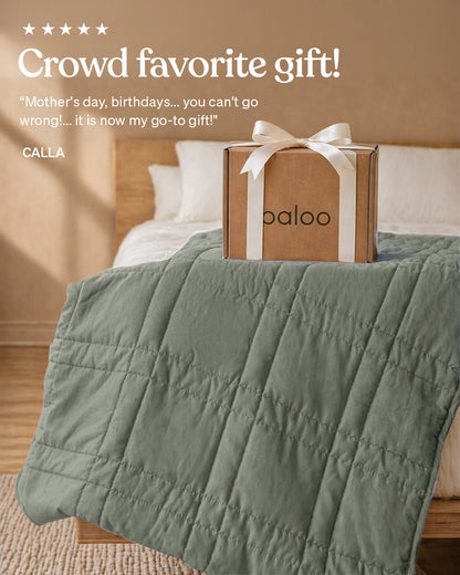 Baloo gift box on a bed with a weighted blanket surrounded by positive text about it being a crowd favorite gift. [47867971961051, 47867972124891, 47867972223195, 47867972321499, 47880476590299, 47880476754139, 47880476852443, 47880476950747, 48114609160411, 48114590843099, 48510601265371, 47867971961051, 47867972124891, 47867972223195, 47867972321499, 47868894544091, 47868894576859, 47868894609627, 47868894642395, 47868895559899, 47868895592667, 47868895625435, 47879290355931, 47879290519771, 478792906180]