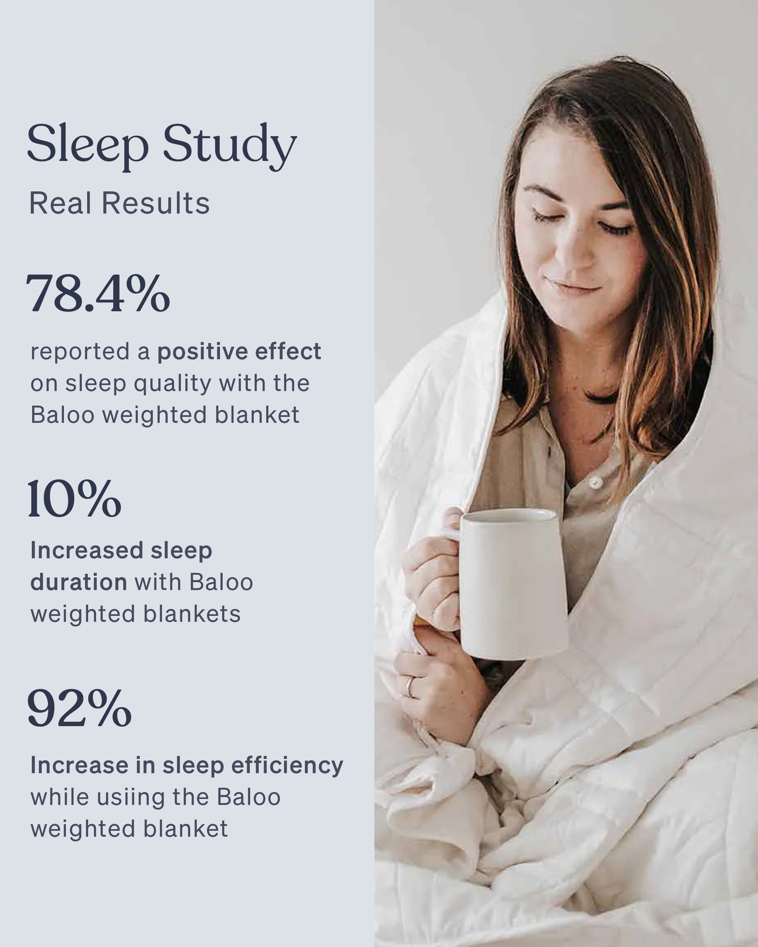 A young woman with brown hair sits cross legged on a bed with a white weighted blanket wrapped around her shoulders and holding a mug, softly smiling. [42934587621595, 45574417809627, 47185819697371, 46301293478107, 46301293576411, 46301293641947, 46301293707483, 42934587818203, 42934587850971]