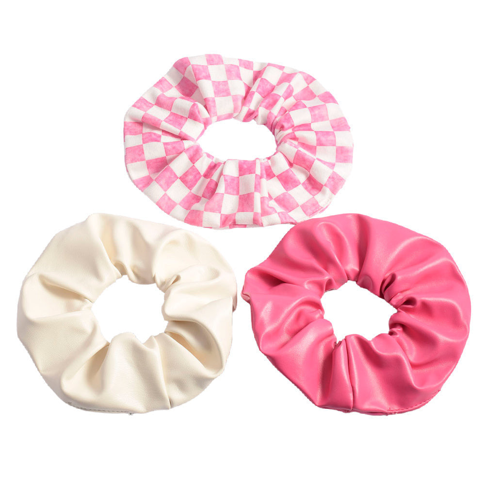 Leather Scrunchie Set - Pink Checkered