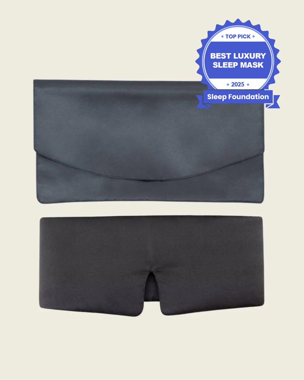 Grey silk sleep mask flatlay next to the pouch. [44377020793051, 47185819435227]