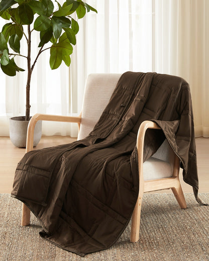 cocoa weighted blanket draped over a chair [47867972026587, 47868894806235, 47868894839003, 47868894871771, 47868894904539, 47868895756507, 47868895789275, 47868895822043, 47879290421467]